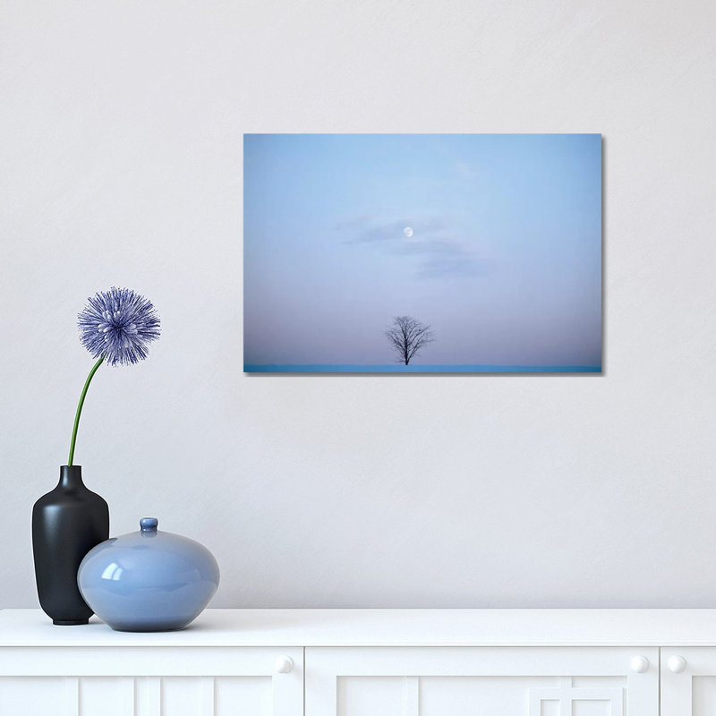 Single Tree in Winter Landscape Evening Moon 1 Piece Wrapped Canvas Wall Art, 30.48 cm H x 45.72 cm W