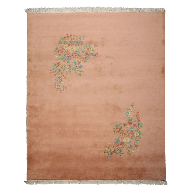 Tapis rose en laine noué à la main 8 pi x 10 po Savonnerie