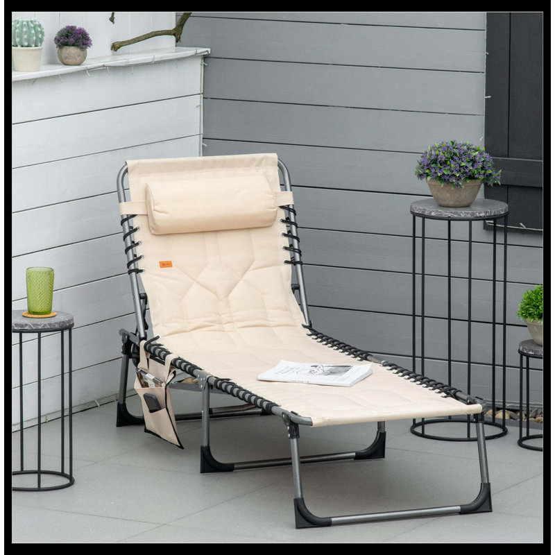 Padded Folding Chaise Lounge Chair, Outdoor 6-Level Reclining Camping & Tanning Chair With Plush Headrest, Weather-Resistant Fabric For Beach, Yard, Patio, Pool (Beige)