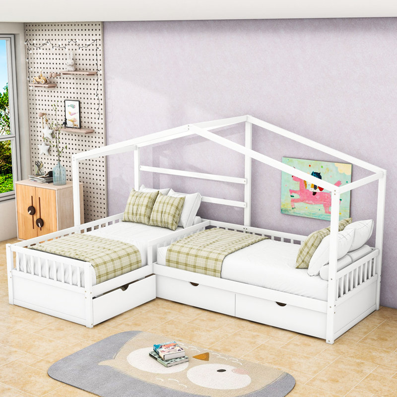 3 Drawers Twin Wooden L-Shaped House Platform Bed, White