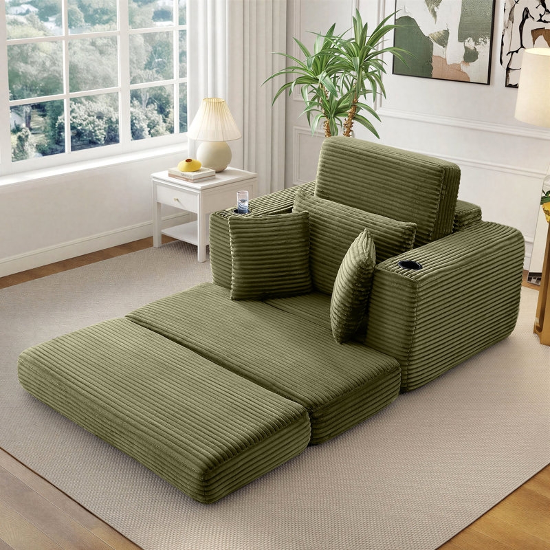 Fauteuil surdimensionné avec accoudoirs à compression de 52 po avec porte-gobelet et coussins, Vert