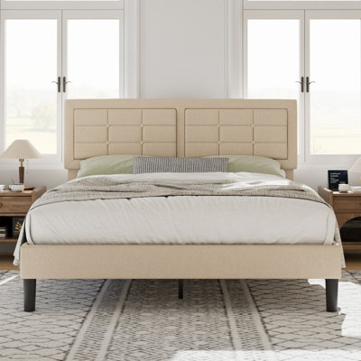Kempst Full Size Bed Frame, Upholstered Full Platform Bedframe with Height Adjustable Tufted Headboard, Heavy Duty Mattress Foundation with Wooden Slats, No Box Spring Needed, Under Bed Storage