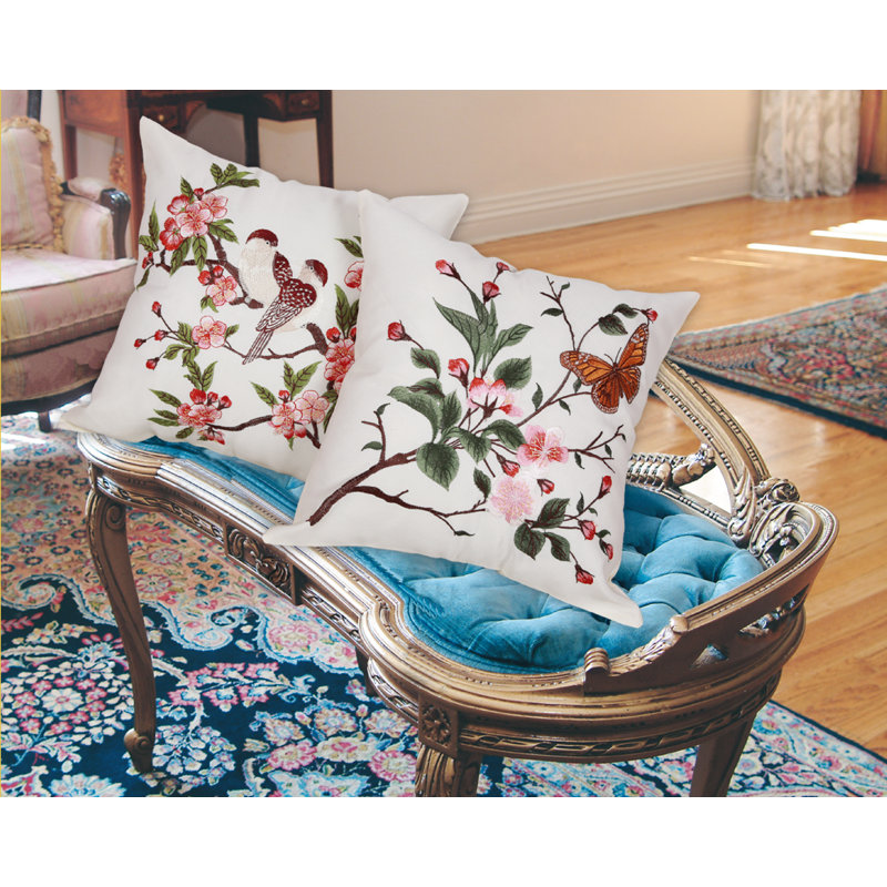 Mante Carlo Decorative Embroidered Butterfly Design Fine Burlap Throw Pillow