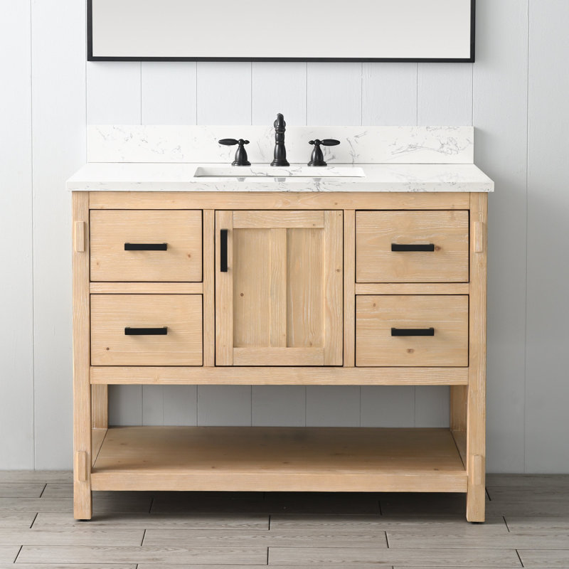 Marissa 42'' Free Standing Single Bathroom Vanity with Engineered Stone Top, Teak White Rustic