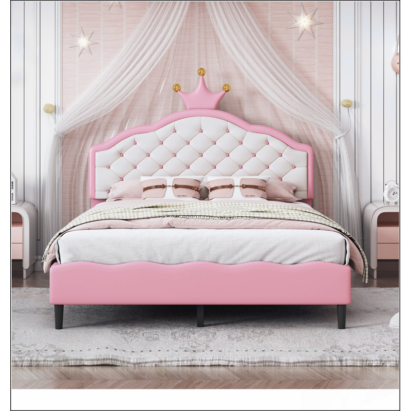 Lit princesse pleine grandeur en similicuir avec tête de lit capitonnée, rose et crème, Double