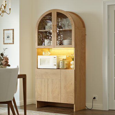Arched Pantry Cabinet With Power Outlet & Led Light,71" Extra-wide Large Kitchen Storage Cabinet With Glass Doors, Freestanding Food Pantry Organizer by Gracie Oaks