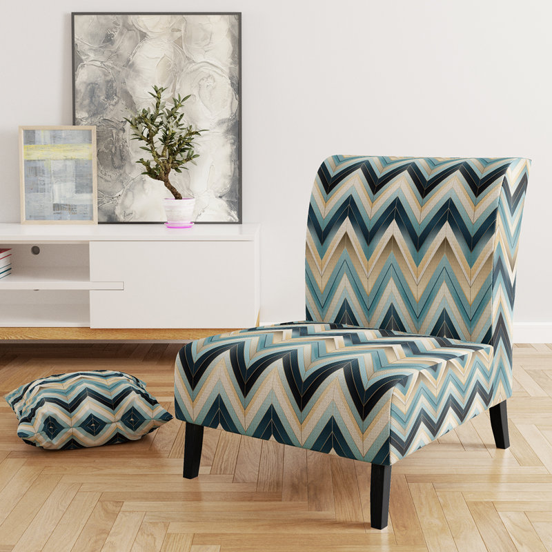 Geometric Harmony Chevron Pattern - Upholstered Abstract Accent Chair and Arm Chair, Blue/Gold Polyester Blend