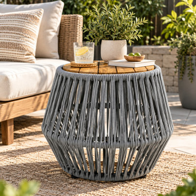 Solid wood  Side Table with Woven Rope Base for Indoor and Outdoor Use
