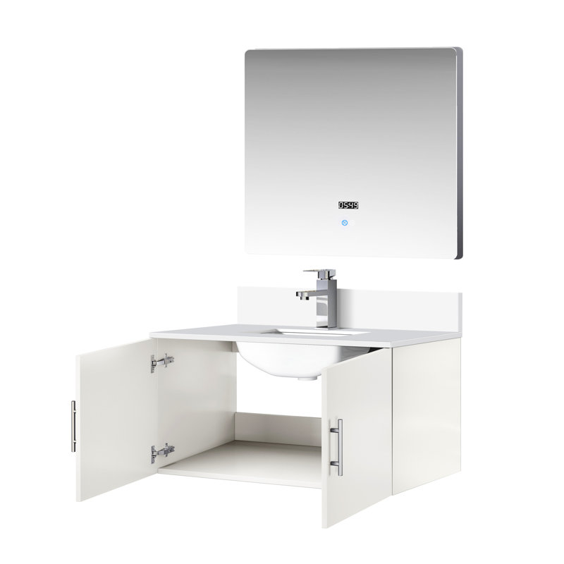 36 po L x P 22 po. Meuble-lavabo blanc brillant avec comptoir en quartz, robinet, miroir à DEL rayé et teint, Blanc lustré