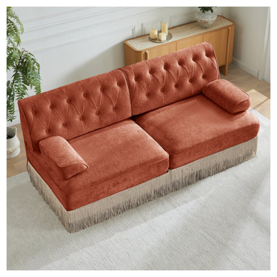 Red Brown Velvet 2-Seat Chesterfield Modular Sofa with Button Tufting, Tassel Fringe & Easy Assembly for Living Spaces