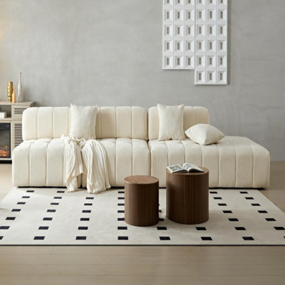 Canapé à touches piano avec 2 sièges simples et 1 méridienne, tissu en lin beige pour une assise polyvalente et confortable
