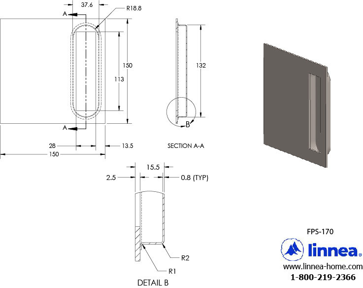Recessed Pull Plate, Polish Stainless Steel