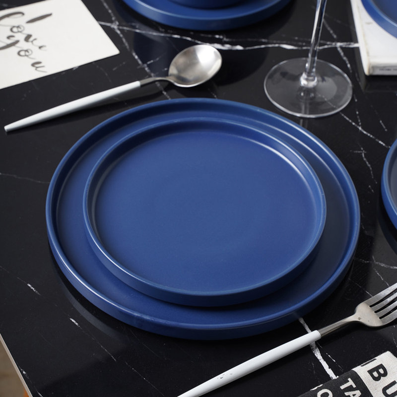 Blue Ceramic 16-Piece Solid Dinnerware Set for 8