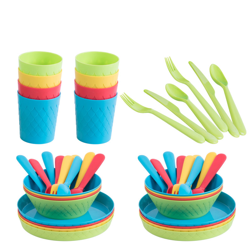 48-Piece Kids Plastic Dinnerware Set, Pack of 2, Service for 8, Colourful Reusable Plates, Bowls, Cups, Forks, Knives and Spoons