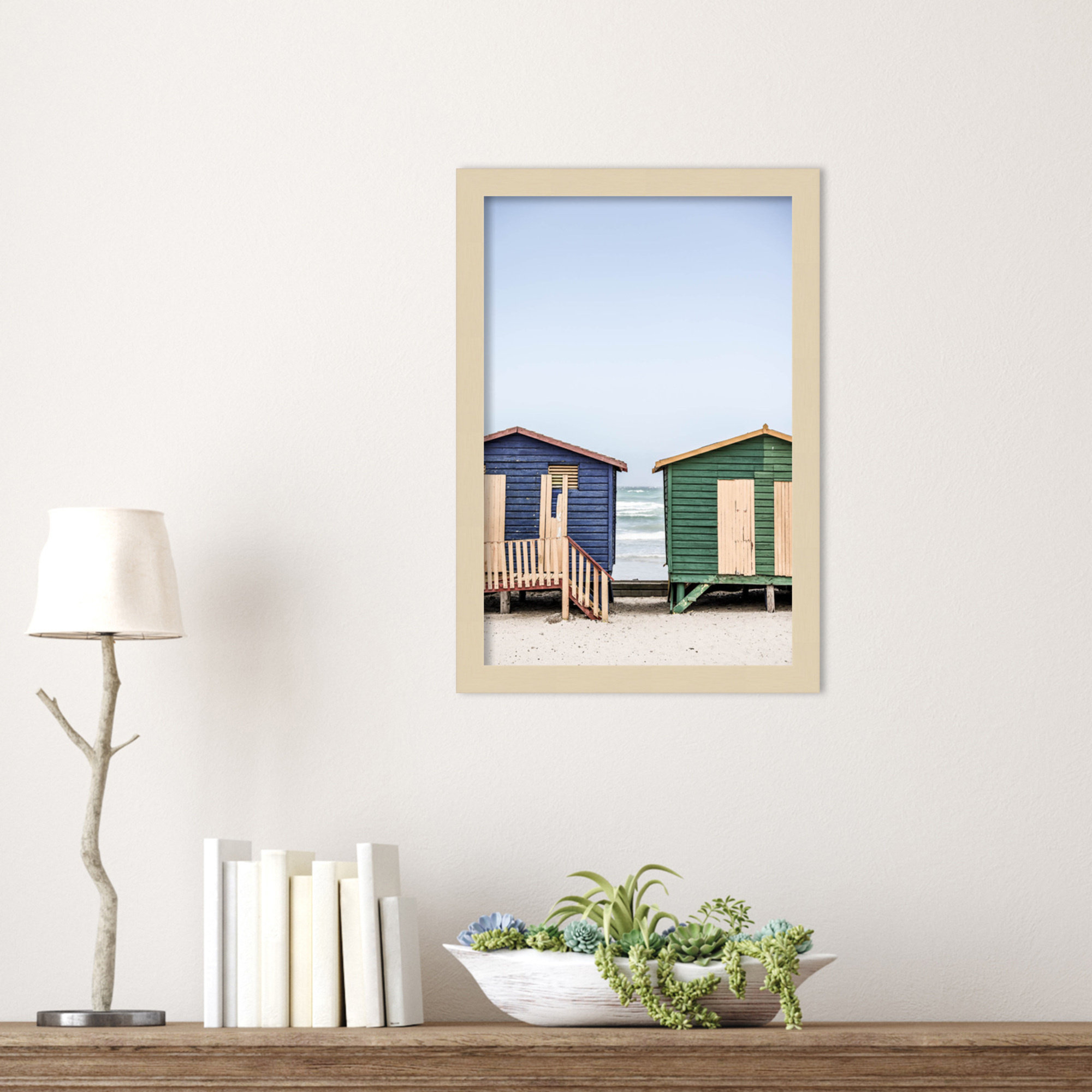 Blue and Green Huts by Shot by Clint Wood Framed Wall Art Print, 17" H x 12" W, Brown