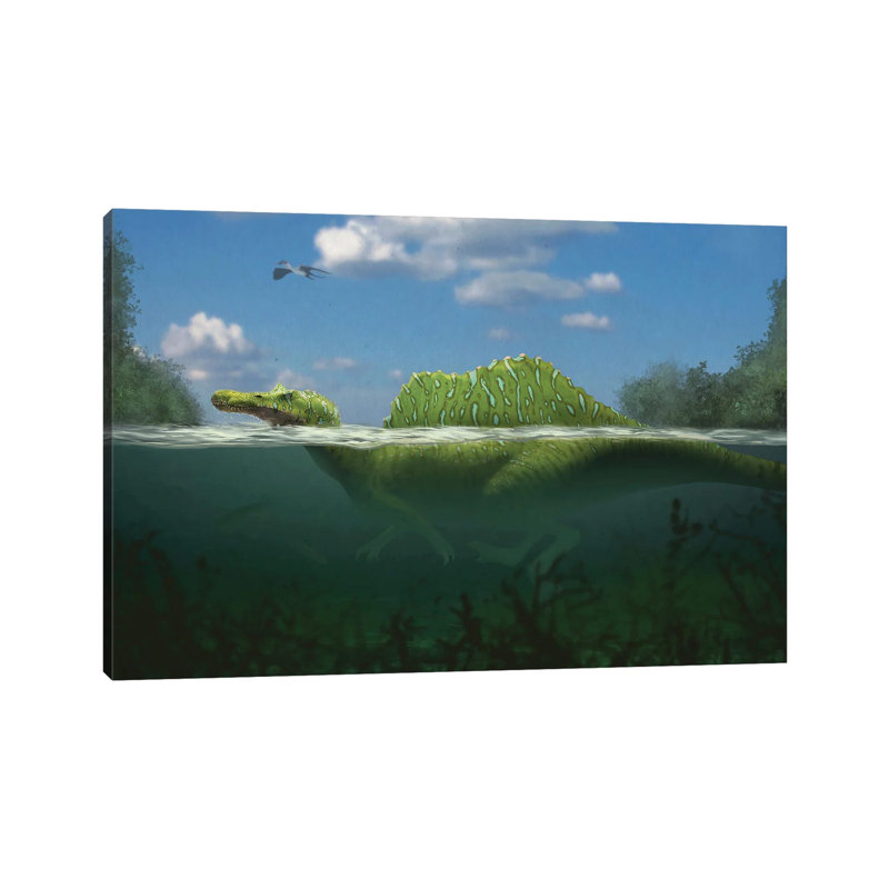 Spinosaurus Swimming In A River - Wrapped Canvas Print, 20.32 cm H x 30.48 cm W