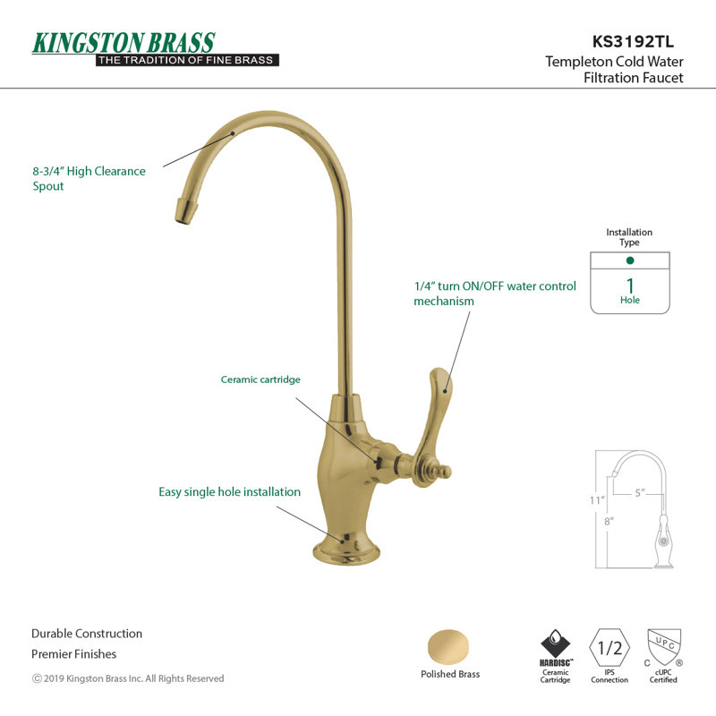 Kingston Brass Templeton Single-Handle 1-Hole Deck Mount Water Filtration Faucet, Polished Brass