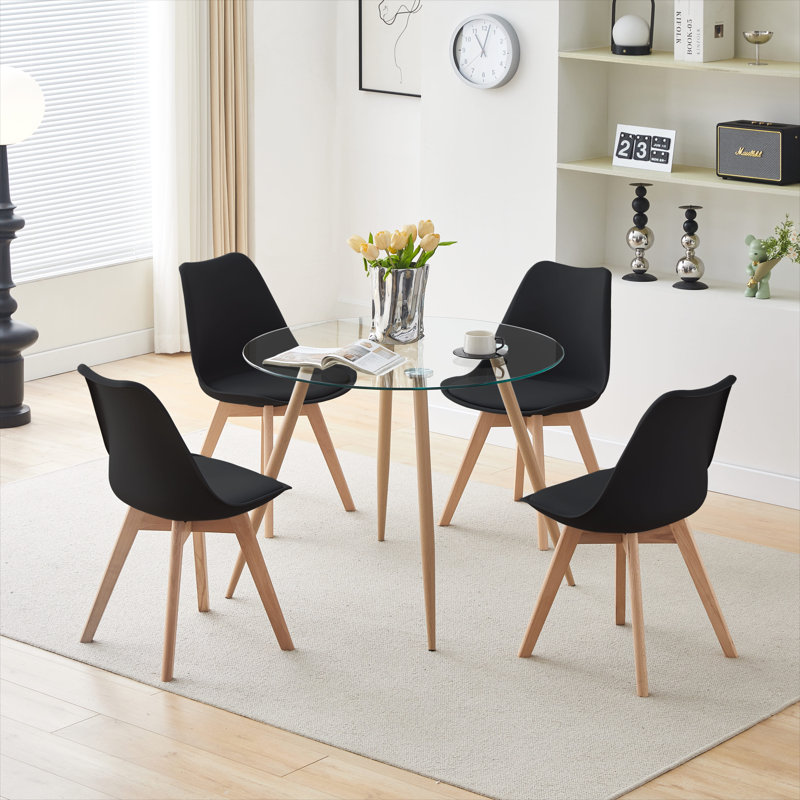 Bivian Round Glass Top Metal Base Dining Table, Beech