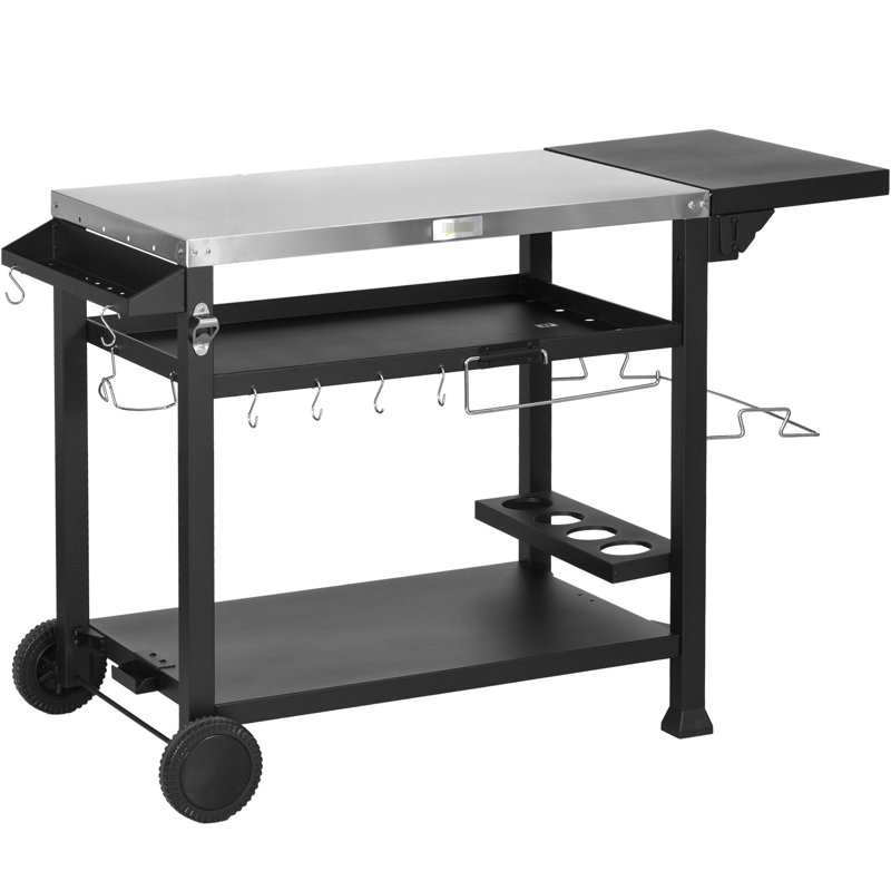 Chariot de travail pour barbecue extérieur, 117 cm x 55 cm, acier inoxydable, table d'appoint pliable, chariot noir avec tablette, poste de préparation.
