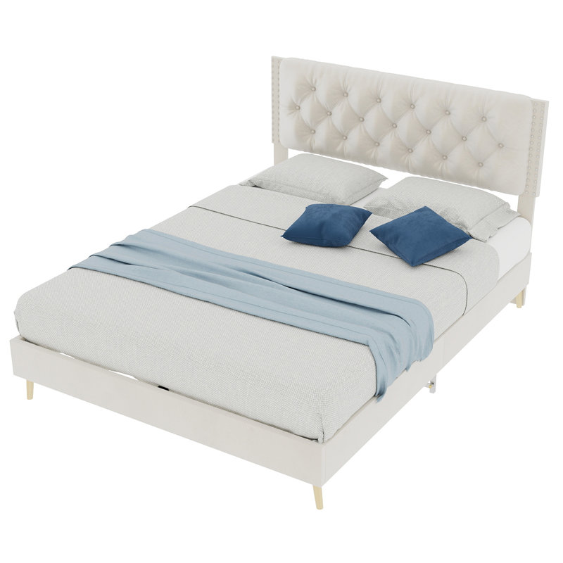 Lit double tapissier pleine grandeur, lit plateforme en suède avec cadre robuste pour la chambre principale, beige, Beige