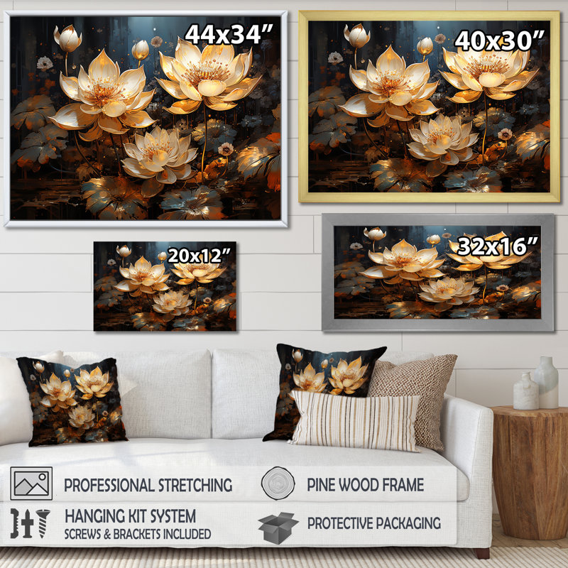Golden Lotus Tranquility III sur toile, Cadre simple noir, H 16 po x l 32 po x P 1 po