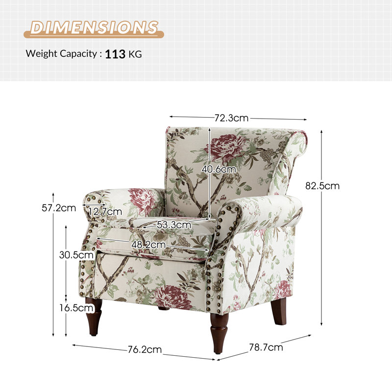 Araceli 76cm W Floral Wooden Upholstered Accent Chair with Nailhead Trim, Floral