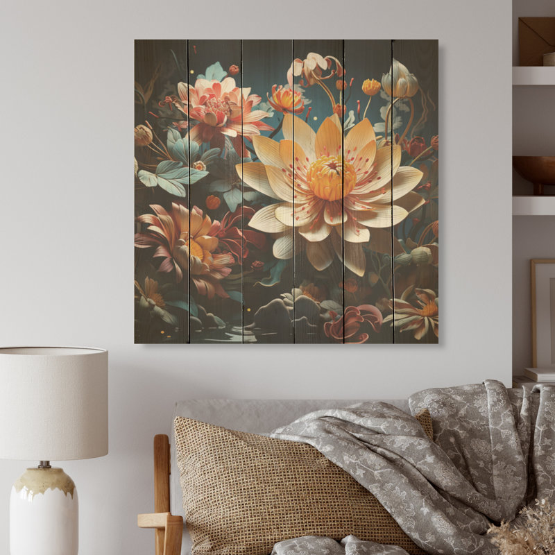 Bouquet de jardin coloré mosaïque I - plantes, art sur bois de pin naturel, H 36 po x l 36 po
