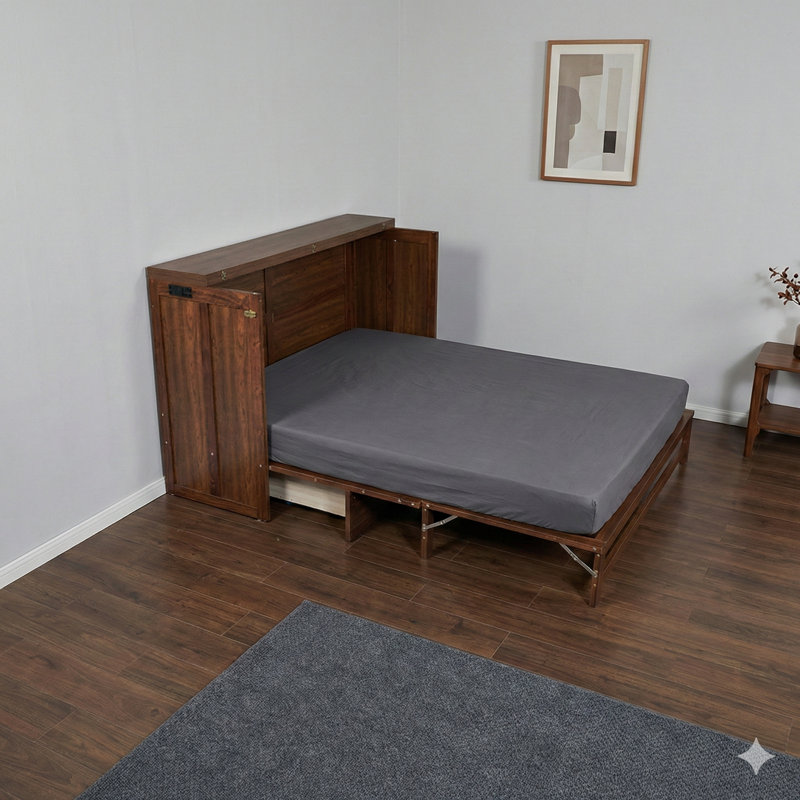 Grand lit escamotable avec tiroir de rangement intégré et station de charge (port USB). Fabriqué en pin massif, idéal pour les bureaux à domicile, les studios ou les chambres d'amis. Finition noyer.