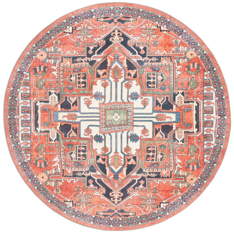 Wyneken Cotton/Chenille Machine Washable Southwestern Rug in Rust/Navy, Round 6'7"