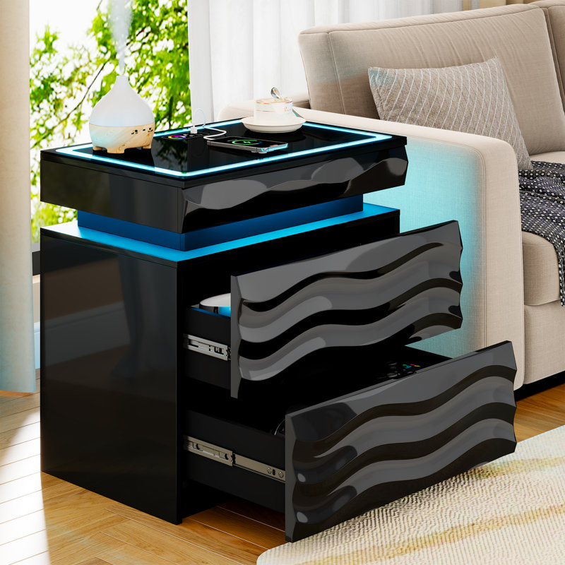 Table de chevet moderne à DEL avec éclairage RVB, détecteur de mouvement et 3 tiroirs – Table de chevet texturée avec plateau en verre et ports USB/Type-C