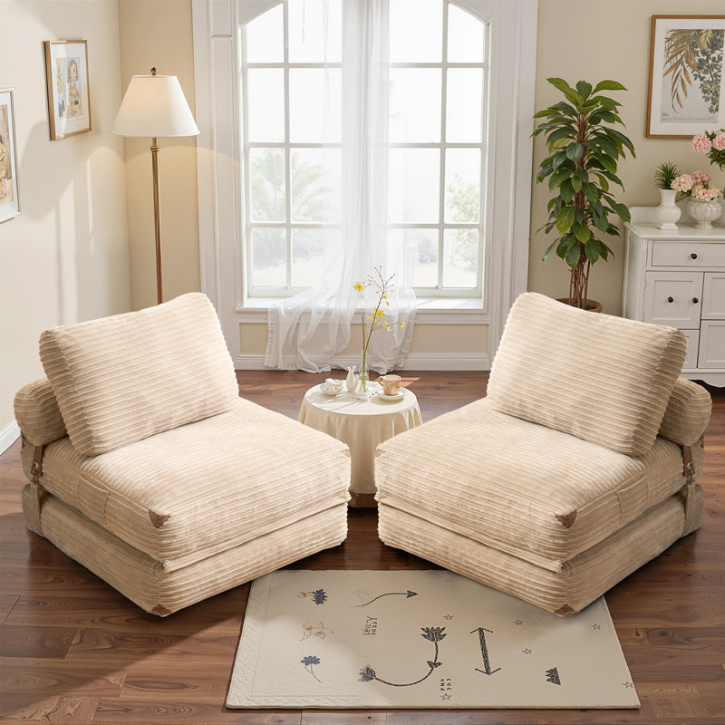 Ensemble de 2 canapés-lits convertibles en velours côtelé - Canapé paresseux pliable avec coussin pour le salon, Beige