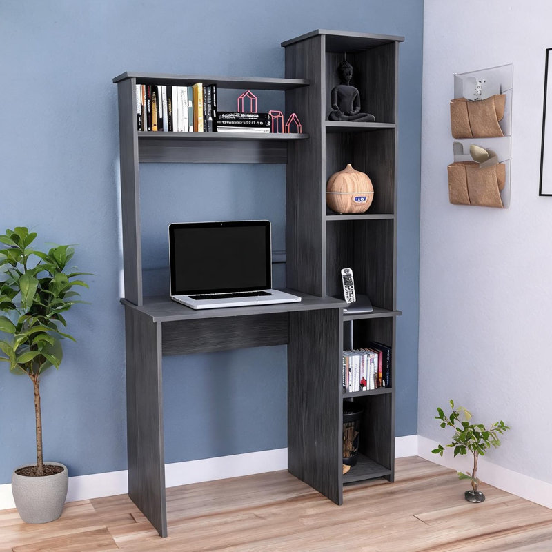 Bureau d'écriture rectangulaire gris froid avec huche et bibliothèque latérale pour bureau personnel