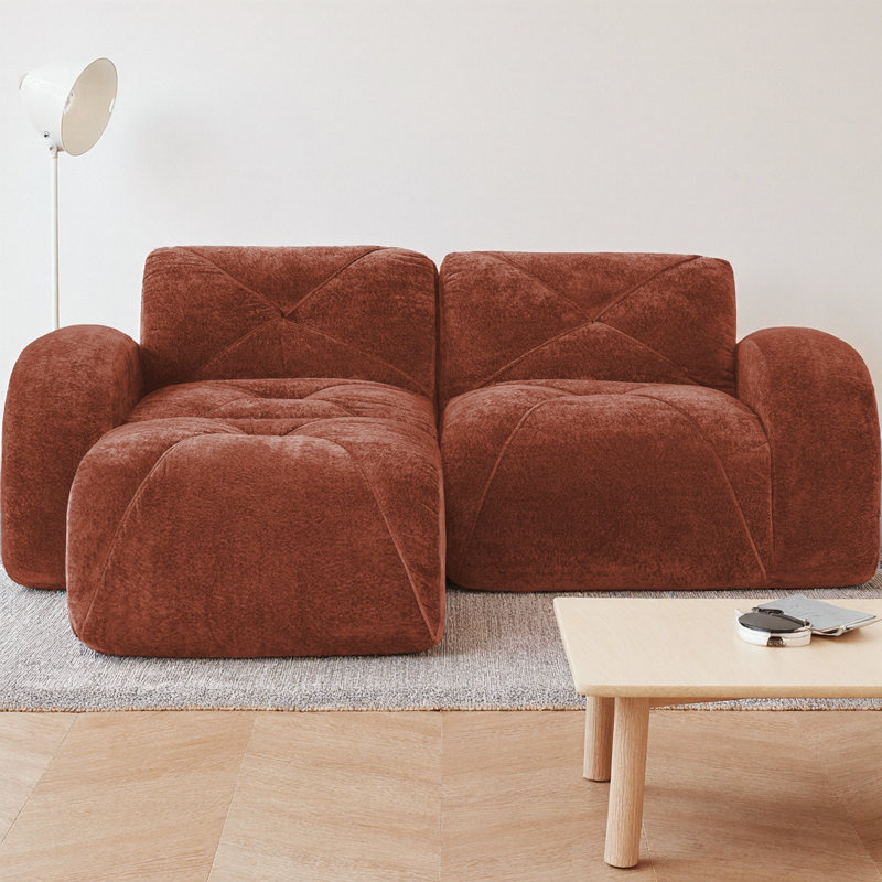 Boneless L-Shaped Modular Sectional Sofa with Ottoman, Soft Velvet Tufted Design, 32D High-Density Boneless Sponge, No Assembly Required for Living Room, Anti-Slip Bottom