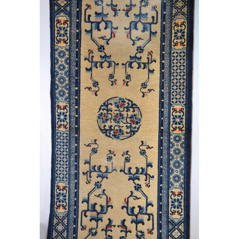 Floral Medallion Hand Knotted Pile Wool Ivory Beige Cream White Rectangle Antique 1900s Rug
