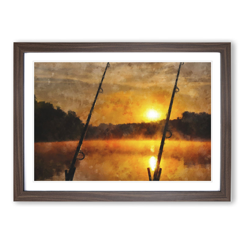 Fishing Rods and Lake - Framed Print, 48cm H x 65cm W x 2cm D, Walnut Framed