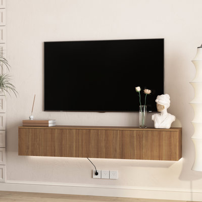 Meuble télé suspendu laqué brillant avec éclairage DEL tactile, prise électrique et grand espace de rangement, couleur brun, idéal pour le salon. 3 ports pour éclairage décoratif, bande lumineuse et ports standard. Utilisation quotidien.