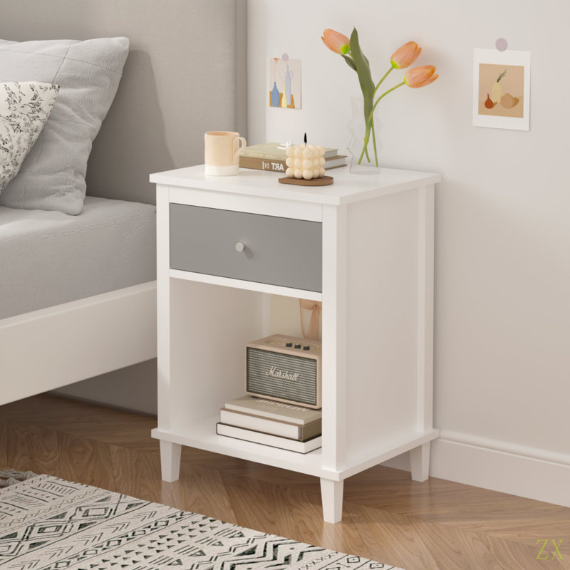 Table de chevet en bois de 26,77 po de hauteur avec un tiroir et une tablette pour enfants, adultes et poignées, Gris / Blanc