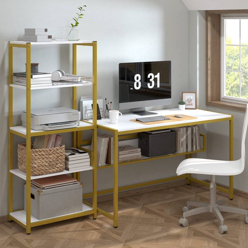 Bureau d'ordinateur en T Panos, H 55,78 po x l 47,24 po x P 18,89 po, Blanc / Doré