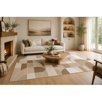 Tapis grand format ultra-léger 6 pi 7 po x 9 pi 10 po en forme de mosaïque courbée taupe, brun et crème pour salon