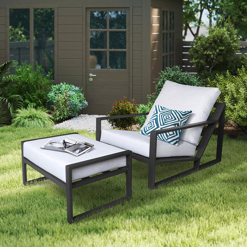 Bourbana Outdoor Aluminum Recliner Chair, All Weather Patio Conversation Set Recliner with Ottoman and Cushion
