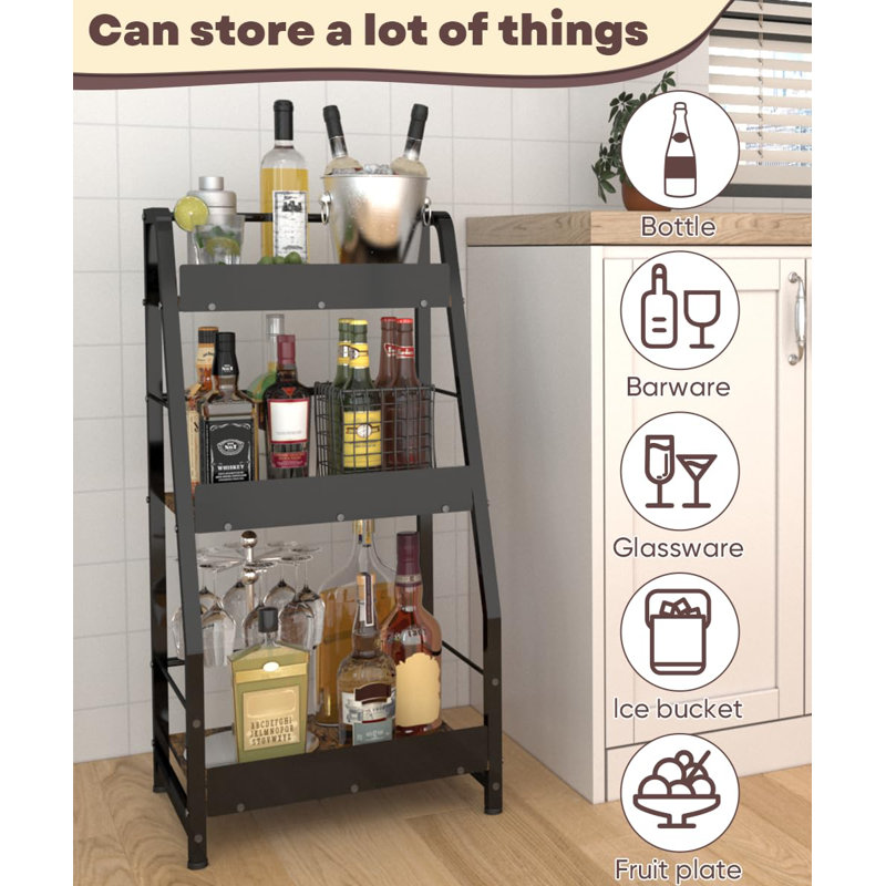 3-Tier Liquor Stand For Home Bar, Trapezoid Freestanding Whisky Bottle Holder With Fences, Stepped Versatile Liquor Bottle Display Shelf, Corner Floor Bar Stand For Liquor Storage, Black