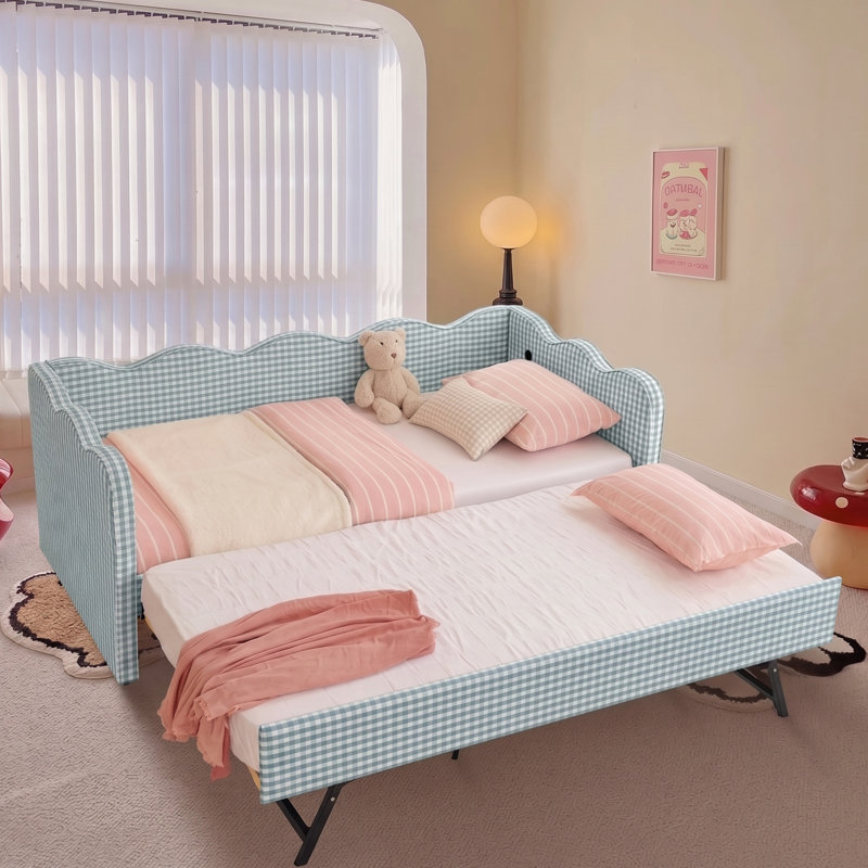 Lit de jour simple rembourré avec lit gigogne escamotable, ports de charge USB et Type-C, structure de canapé en tissu vichy avec support en lattes de bois pour la chambre à coucher, la chambre d'amis et le salon