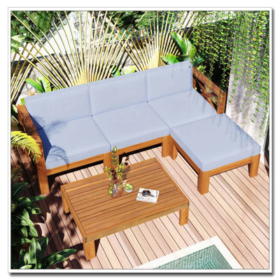 Outdoor Backyard Patio Wood 5-Piece Sectional Sofa Seating Group Set with Cushions