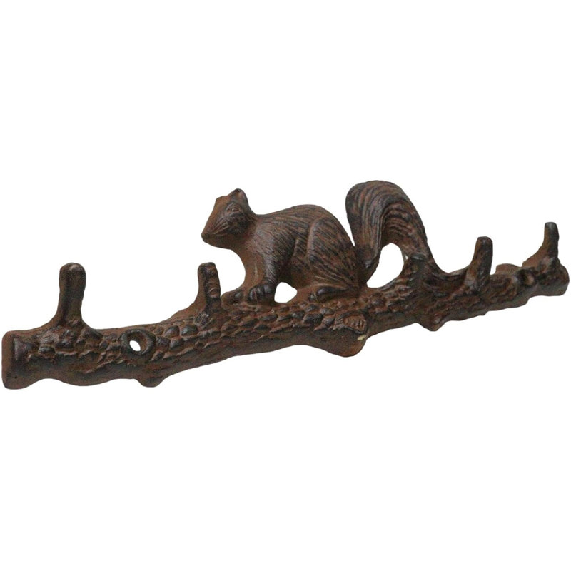Rustic Cast Iron Playful Squirrel Perching On Tree Branch 4-Peg Wall Hooks Décor