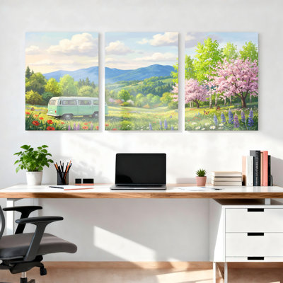 Ensemble de 3 tableaux sur toile représentant un paysage printanier avec une camionnette vintage et des fleurs de cerisier.