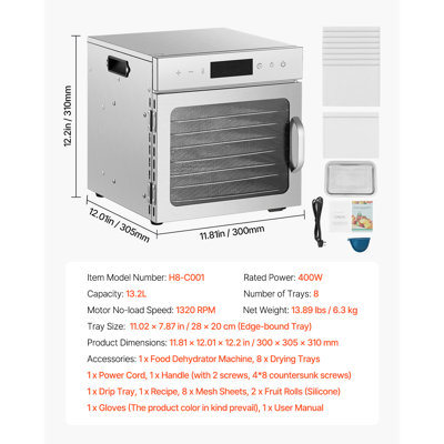 Déshydrateur alimentaire, 8 plateaux en acier inoxydable, séchoir électrique 400 W avec température réglable et minuterie de 24 heures, séchoir chauffant pour viande séchée, viande, fruits, légumes, herbes, friandises pour chiens