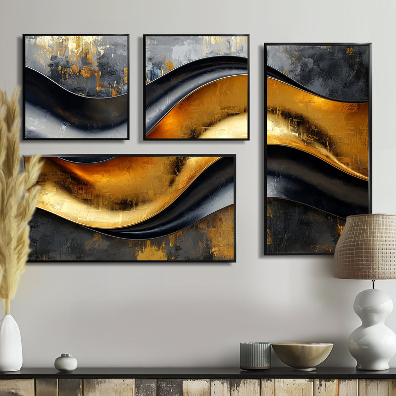 Géométrique Cooper Waves II - Art mural abstrait grand 4 pièces, Reproduction encadrée sans passe-partout, Noir