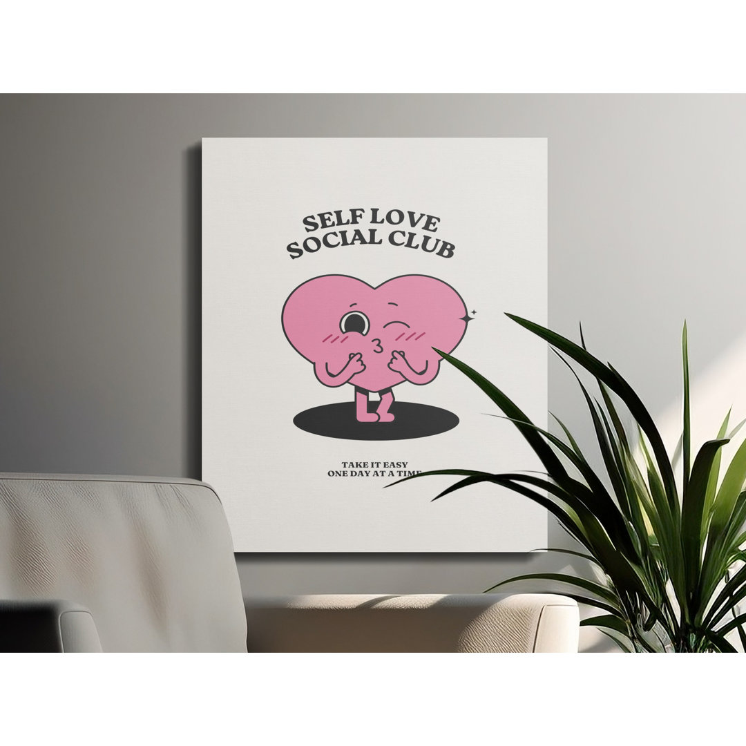 Self Love Social Club Canvas Wall Art, Cute Heart Print, Positive Quote, Gallery Wrapped, Modern Decor, Ready to Hang, Archival Quality