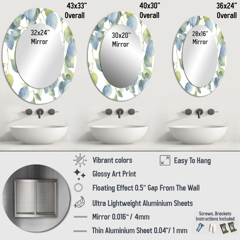 Miroir mural ovale blanc blanc et minimalisme eucalyptus Essence II, 36 po x 24 po