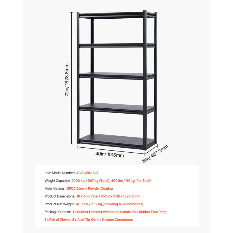 Tablettes de rangement à 5 niveaux, H 72 po x l 40 po x P 18 po
